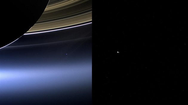 Dva pohledy na na Zemi. Prvn snmek podila sonda Cassini od Saturnu ve vzdlenosti 1,44 miliardy kilometr, druh pak Messenger ze vzdlenosti 98 milion kilometr.