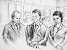 Ilustrace ze soudní sín z jednání s obvinnými kolem Davida Ratha