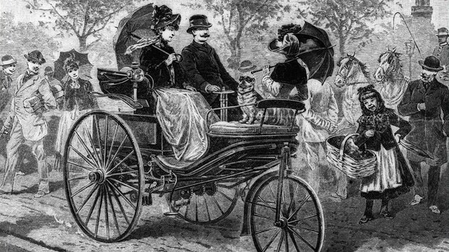 Benz Patent Motorwagen na ilustraci ze z 1888. Msc pedtm pan Benzov uskutenila prvn dlkovou jzdu.