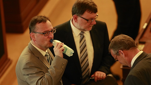 Expremir Petr Neas ve Snmovn ped hlasovnm o dve vld  (7. srpna 2013)