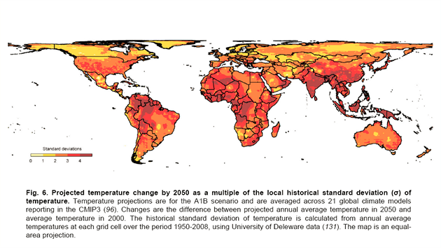 Jak by mohl vypadat svt v roce 2050 (zobrazeny jsou oekvan rozdly teplot oproti teplotm souasnm). Autoi studie ukazuj, e prakticky cel svt by mohl mt problm se stoupajcm nsilm.