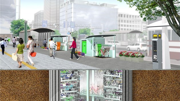 Podzemní parkoviště jízdních kol v Japonsku vynalezla konstrukční firma Giken. Na snímku vizualizace již postavených úložišť u stanice metra Shinagawa.