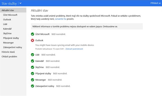 Stav webových slueb Microsoftu