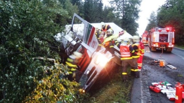 Kamion naloen potravinami skonil na Bruntlsku ve strom. (10. srpna 2013)