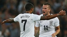 Theo Walcott a Tom Cleverley se radují z gólu Anglie proti Skotsku.