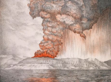Jeden z výbuch vulkánu Krakatoa v srpnu 1883, zaznamenaný na dobové kresb.