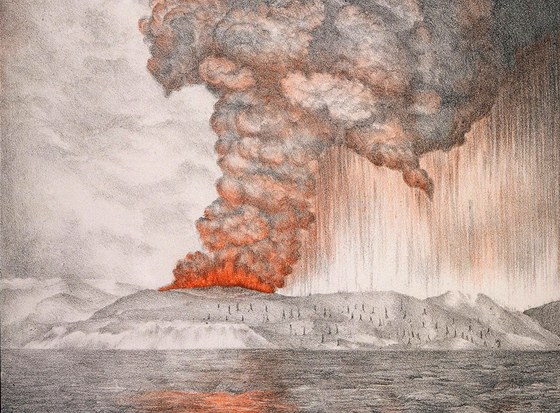 Jeden z výbuch vulkánu Krakatoa v srpnu 1883, zaznamenaný na dobové kresb.
