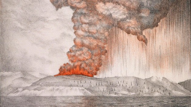 Jeden z vbuch vulknu Krakatoa v srpnu 1883, zaznamenan na dobov kresb.