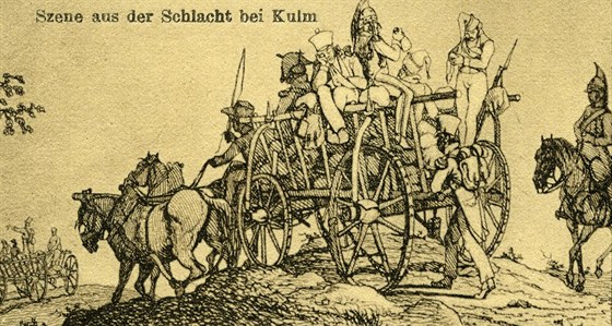 Pevoz ranných z bitvy u Chlumce na dobové pohlednici.