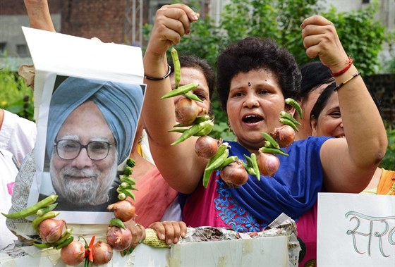 Aktivistky protestují proti vysokým cenám cibule (Amritsar, srpen 2013).