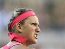 Bloruská tenistka Viktoria Azarenková mla ve finále US Open zarputilý výraz.