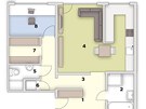 Pdorys bytu:1. zádveí, 2. koupelna, 3. hala , 4. obývací pokoj + kuchy, 5.