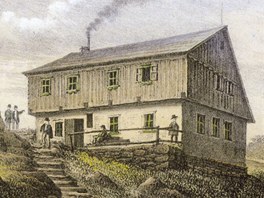 Na obrázku je Labská bouda v roce 1865. 