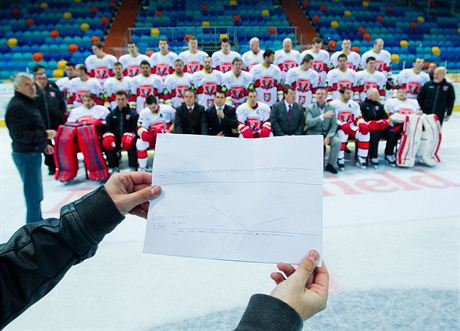 Skupinová fotografie hokejového týmu Mountfield Hradec Králové. Hráe rovnal...