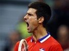 Srbský tenista Novak Djokovi se raduje z vítzného úderu v utkání semifinále
