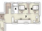 Pdorys 1. patro: 1/ terasa, 2/ koupelna, 3/ lonice, 4/ koupelna, 5 + 6/...
