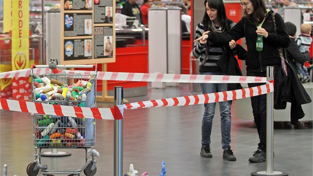 V nkupnm centru ped supermarketem vstava vzbuzuje rozporupln reakce lid. 