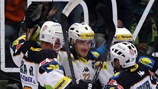 TREFA. Karlovar�tí hokejisté se radují z branky proti Chomutovu. 