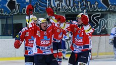 JE TAM. Pardubi�tí hokejisté slaví gól proti Komet� Brno. 