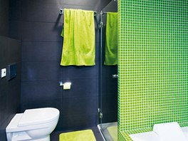 Koupelna je obloena velkoformtovmi keramickmi obklady a sklennou mozaikou.