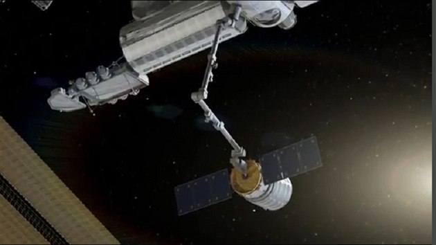 Vizualizace zachycení soukromé lodi Cygnus robotickým ramenem ISS
