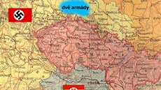 Na mapě je modrou plochou vyznačen prostor velkého soustředění německých vojsk...