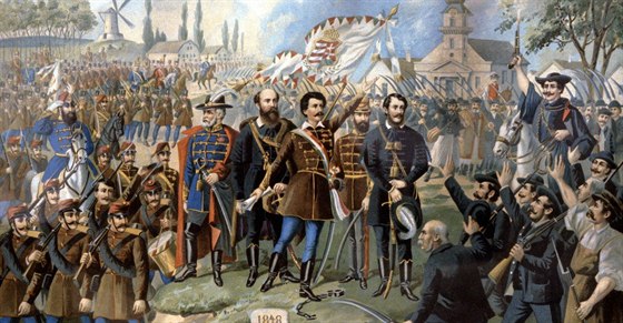 Vzhru, Maai! Vlastenecká ilustrace oslavující hrdiny uherské revoluce 1848....