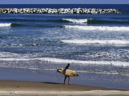 A surfer carries his board as others catch waves before anti-tsunami barriers...
