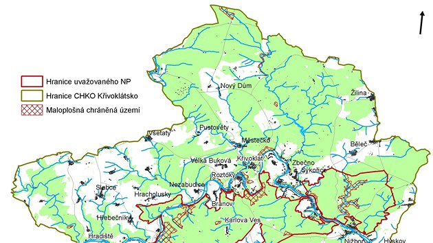 Mapa, na n� je vid�t hranice uva�ovan�ho N�rodn�ho parku K�ivokl�tsko. 