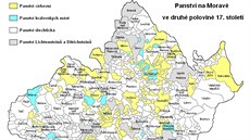 Mapa panství na Morav ve druhé polovin 17. století.