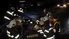 Zranného z vozu vyprostili hasii a záchranái ho s tkým zranním dopravili do nemocnice.