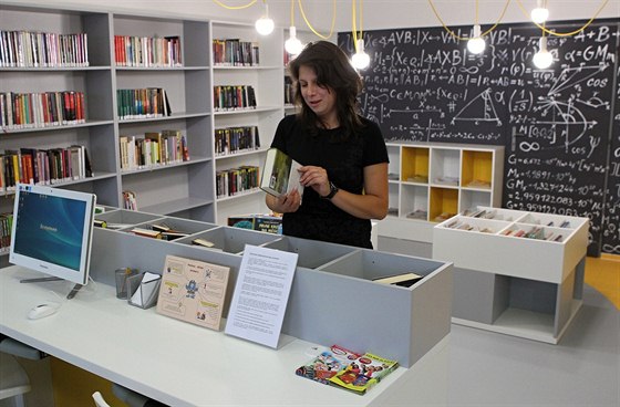 Interiér pobočky knihovny na Horním Kosově zdobí kromě bílých regálů s knihami...