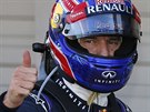 Mark Webber slaví výhru v kvalifikaci na Velkou cenu Japonska.