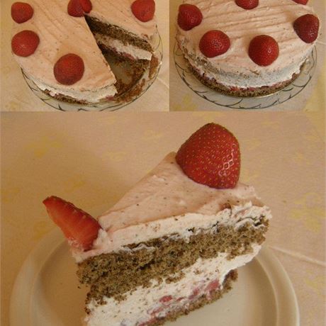 Jahodový dort se paldovým pikotem (velmi oblíbený u naí rodiny, pee se opakovan na kadou oslavu, je lehký jak vánek)
