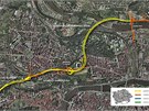 Zákres trasy Mstského okruhu v ortofotomap Prahy