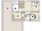Pdorys domu - podkroví: 1/ terasa, 2/ koupelna + WC, 3+4+5/ pokoj, 6/ lonice