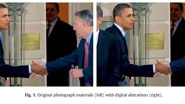 Jedna z fale�n�ch fotek ukazuje prezidenta Obamu, jak si pot��s� rukou s prezidentem �r�nu. Lid�, kte�� Obamovi politicky nefand�, fotku �asto pova�ovali za skute�nou a dokonce si "pamatovali", kdy ji poprv� vid�li a co p�itom pro��vali.