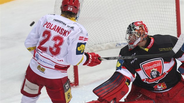 Kralovehradecký branká Pavel Kantor likviduje stelu Jiího Polanského z...