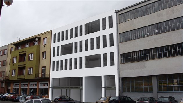 Vizualizace zástavby proluky v Průmyslové ulici, investor počítá s administrativní budovou v sousedství Novákových garáží.