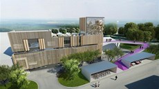 Vizualizace: Celkový pohled na budovu, lávku i dopl�kové stavby