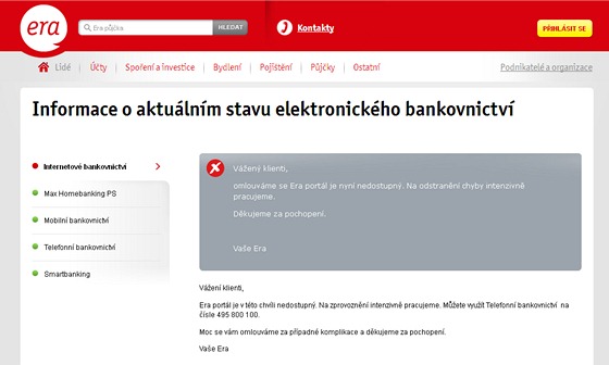 Internetové bankovnictví Era mimo provoz (4. 11. 2013)