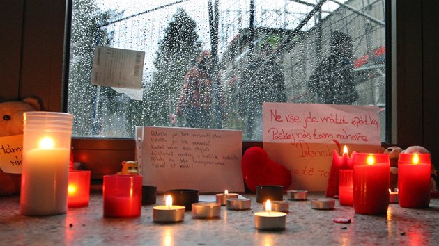 Pietní místo vytvořené žáky Základní školy v Raškovicích, kam kdysi chodila i zavražděná Denisa. (5. listopadu 2013)