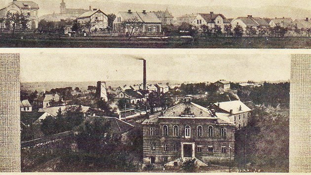 Panorama Horního Jiřetína a pohled na město z Kostela Nanebevzetí Panny Marie. V popředí stojí hotel Central, komín za ním patří uhelné elektrárně, dokončené na počátku 20. století.