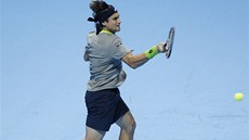 panlský tenista David Ferrer hraje na Turnaji mistr proti Nadalovi.