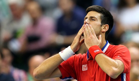 DÍKY. Novak Djokovič zdraví srbské diváky ve finále Davis Cupu. 