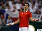 CO TO JE? Novak Djokovi se zlobí bhem zápasu s Radkem tpánkem v Davis Cupu.