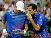 JAK NA N? Tom Berdych (vlevo) a Radek tpnek se domlouvaj v prbhu...