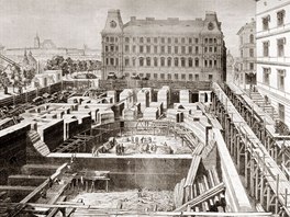 Stavba Národního divadla v roce 1869 na dobové kresb Frantika Chalupy