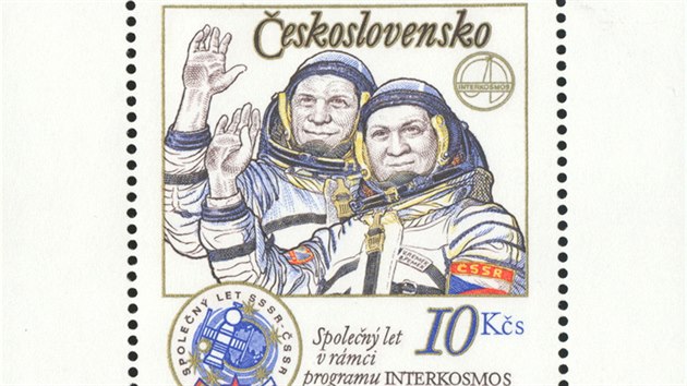 Známka s kosmonauty A. Gubarevem a Vladimírem Remkem