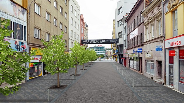 Tak by už letos mohla vypadat ulice 28. října v centru Ostravy. Nová cesta i chodníky, na nich vzrostlé javory.